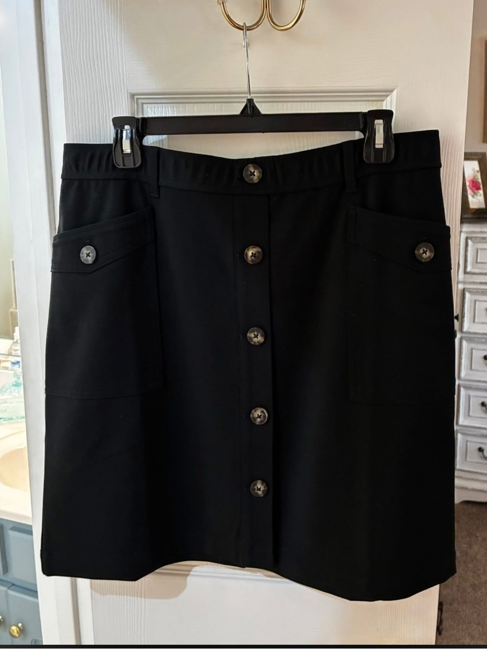 NWT J Jill Pull On Black Knit Faux Button-Front Women’s Skirt SZ MP/L